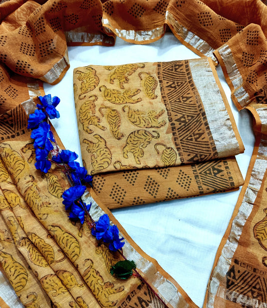 Handcrafted Mustard Ochre Linen Cotton Tiger Print Unstitched Suit with Zari Border Dupatta