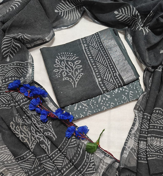 Handcrafted Olive Brown Linen Cotton Hand Block Print Unstitched Suit with Zari Border Dupatta