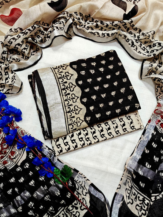 Handcrafted Onyx Black Linen Cotton Floral Booti Print Unstitched Suit with Zari Border Dupatta