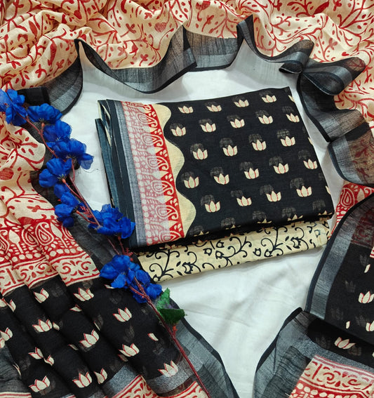 Handcrafted Onyx Black and Red Linen Cotton Lotus Motif Print Unstitched Suit with Zari Border Dupatta