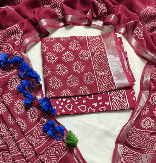 Handcrafted Rose Pink Linen Cotton Hand Block Print Unstitched Suit with Zari Border Dupatta 1