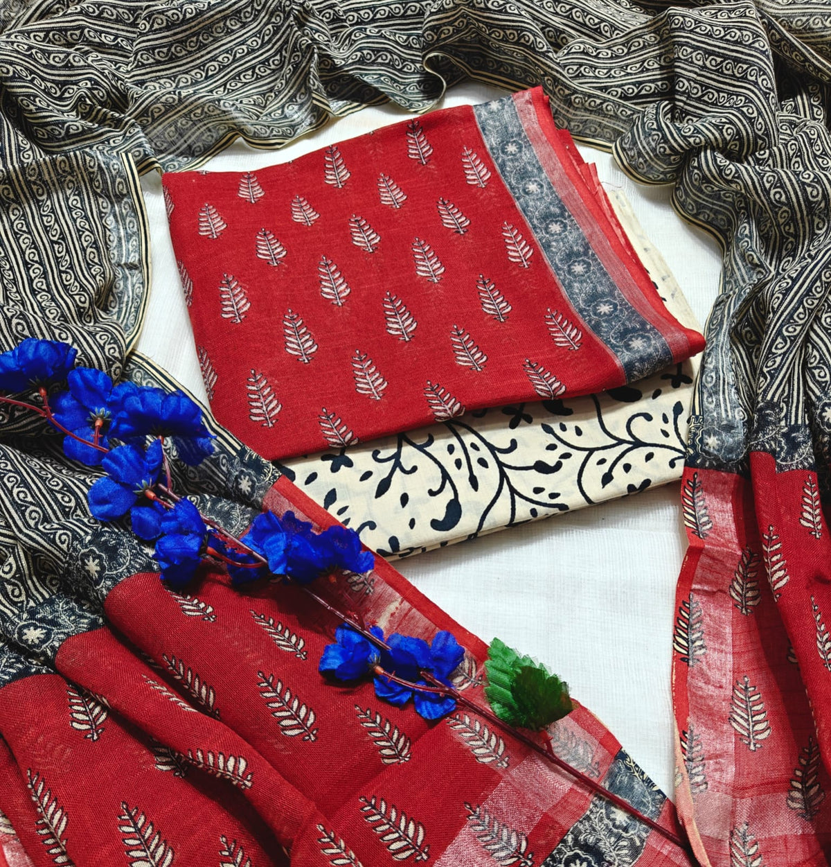 Handcrafted Royal Plum Linen Cotton Hand Block Print Unstitched Suit with Zari Border Dupatta