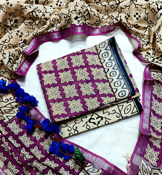 Handcrafted Royal Plum Purple Linen Cotton Floral Print Unstitched Suit with Zari Border Dupatta