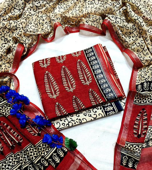 Handcrafted Rustic Maroon Linen Cotton Leaf Print Unstitched Suit with Zari Border Dupatta