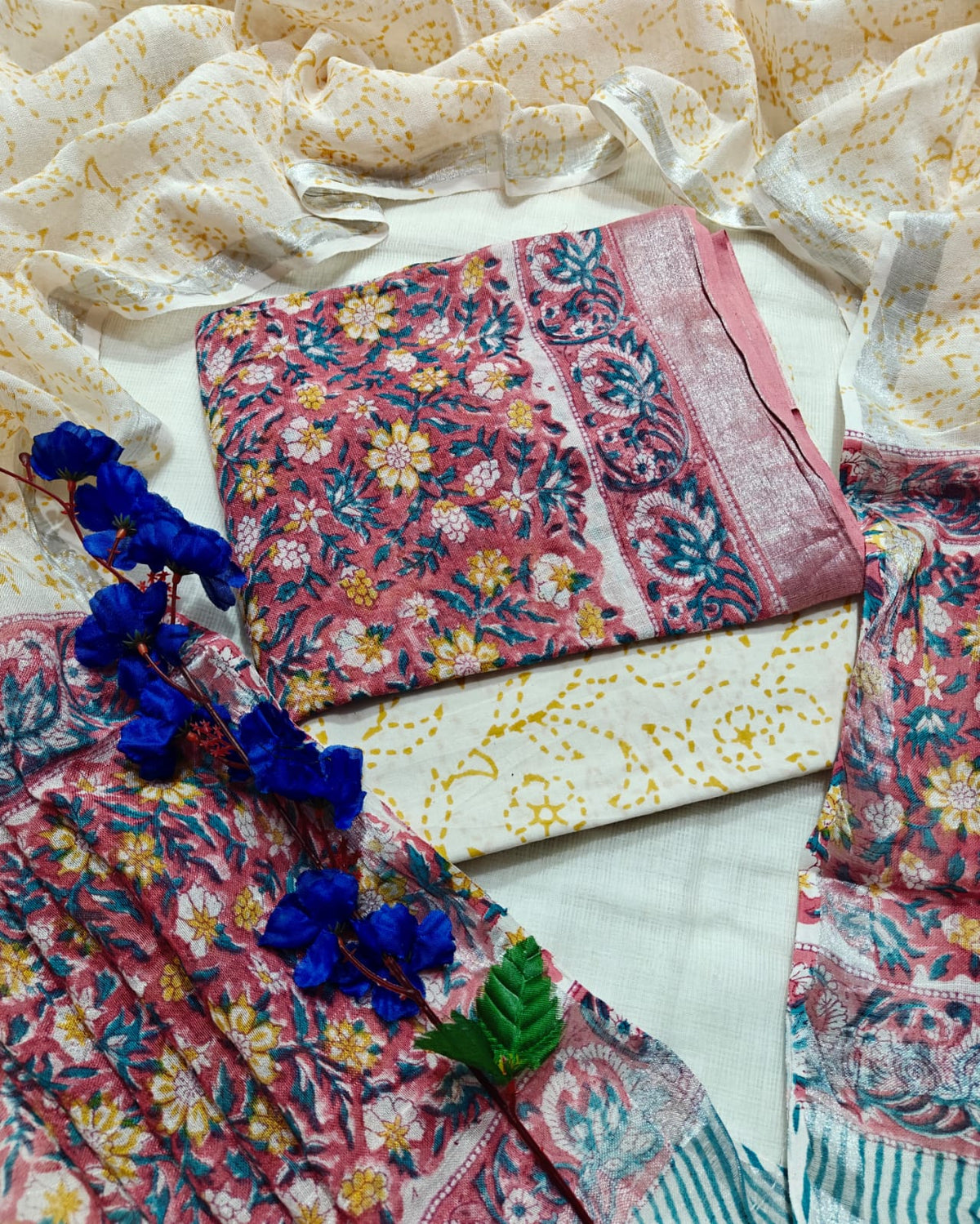 Handcrafted Sage Green Linen Cotton Hand Block Print Unstitched Suit with Zari Border Dupatta 1