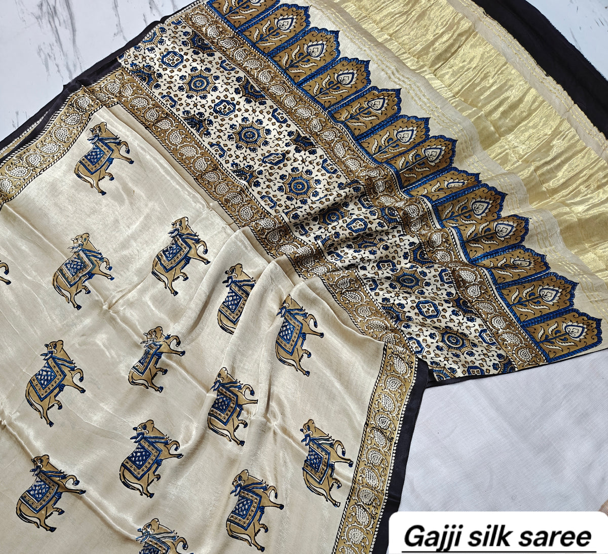 Ajrakh modal gajji silk with Tissue pallu saree 6