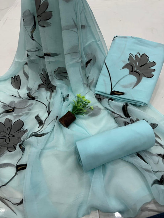 Ice Blue Floral Painted Traditional Handblock Cotton Suit Set with Chiffon Dupatta