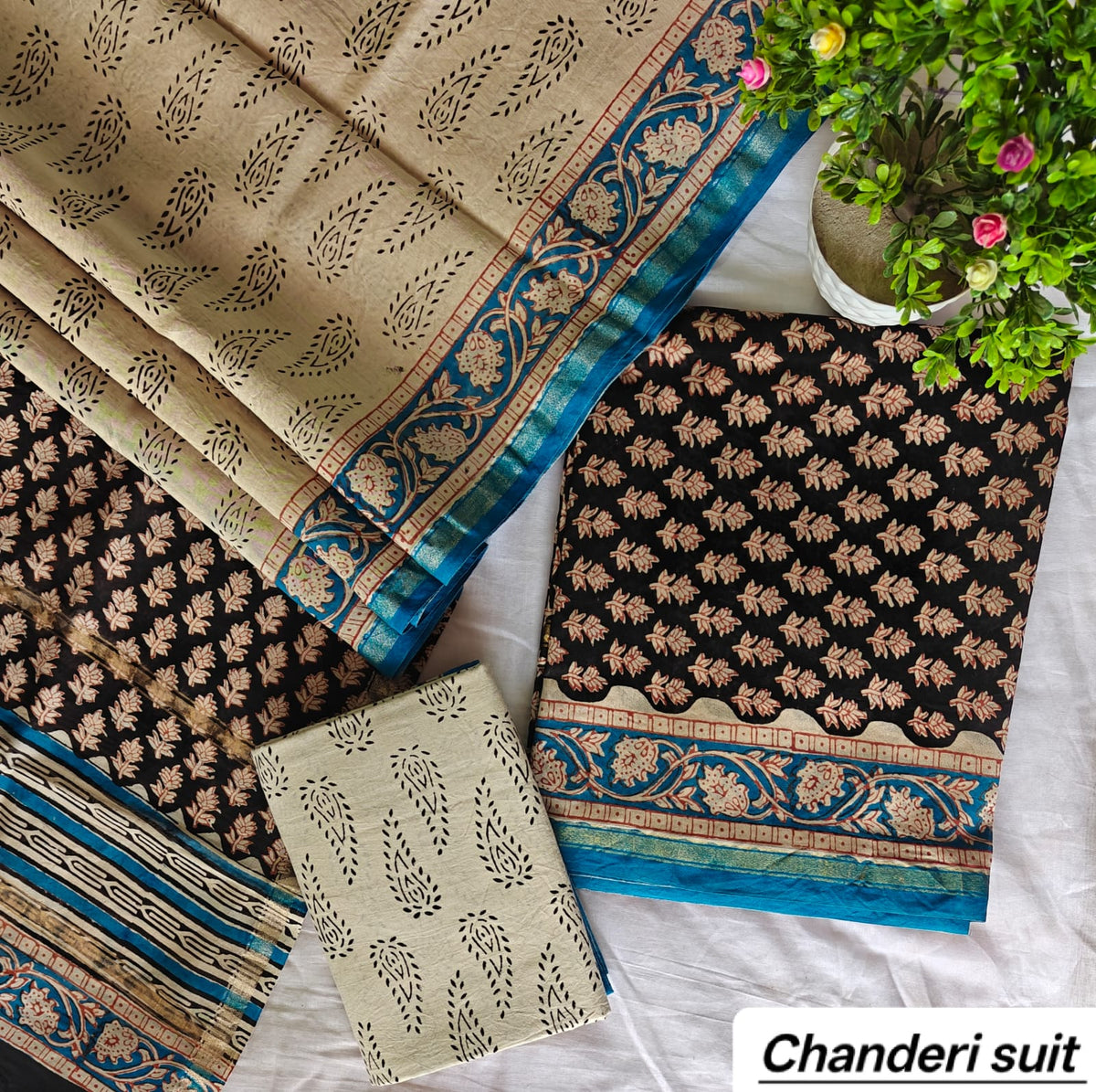 Indigo Blue Floral Motif Handblock Printed Pure Chanderi Silk Unstitched Suit Set