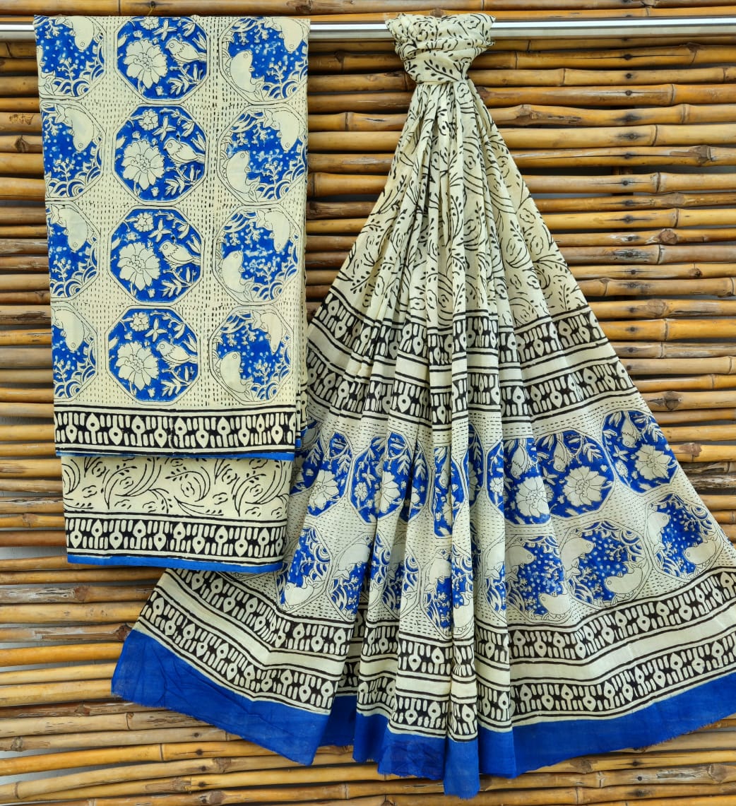 Indigo Blue and Cream Large Floral Handblock Printed Cotton Suit Set - Large Floral Border