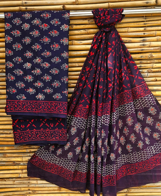 Indigo Blue and Maroon Handblock Printed Cotton Suit Set - Floral Vine Border