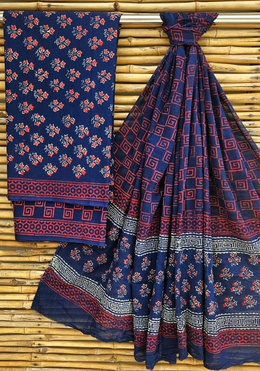 Indigo Blue and Teal Green Leaf Handblock Printed Cotton Suit Set - Leaf Motif Border