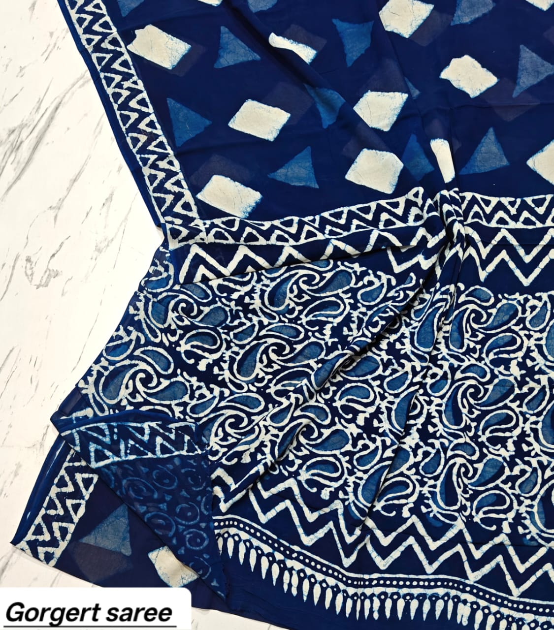 Indigo Blue Abstract Handblock Printed Georgette Saree