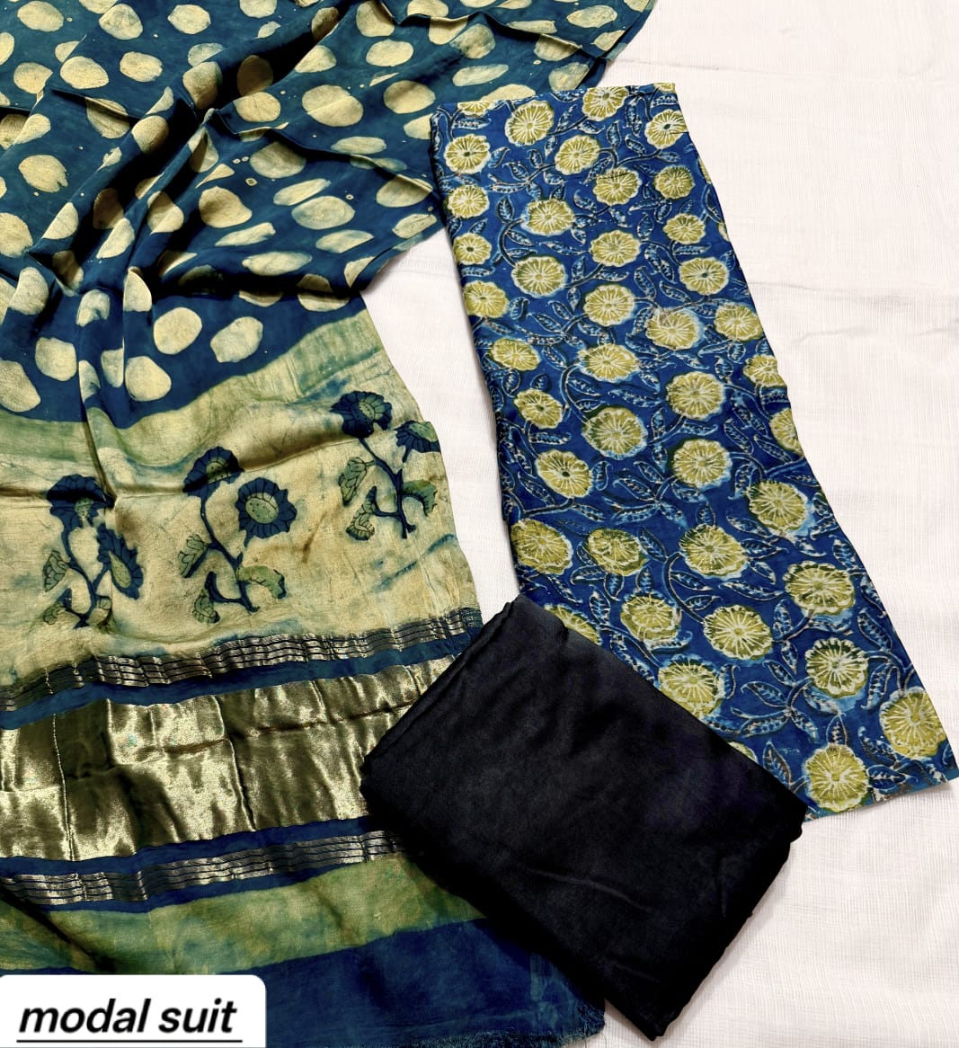 Indigo Blue & Black Abstract Premium Pomegranate Printed Modal Silk Handblock Unstitched Suit Material