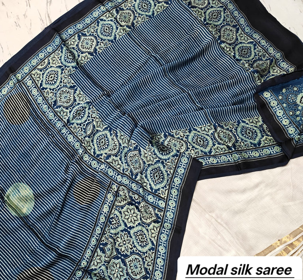 Indigo Blue & Black Striped Handblock Print Pure Modal Silk Ajrakh Saree