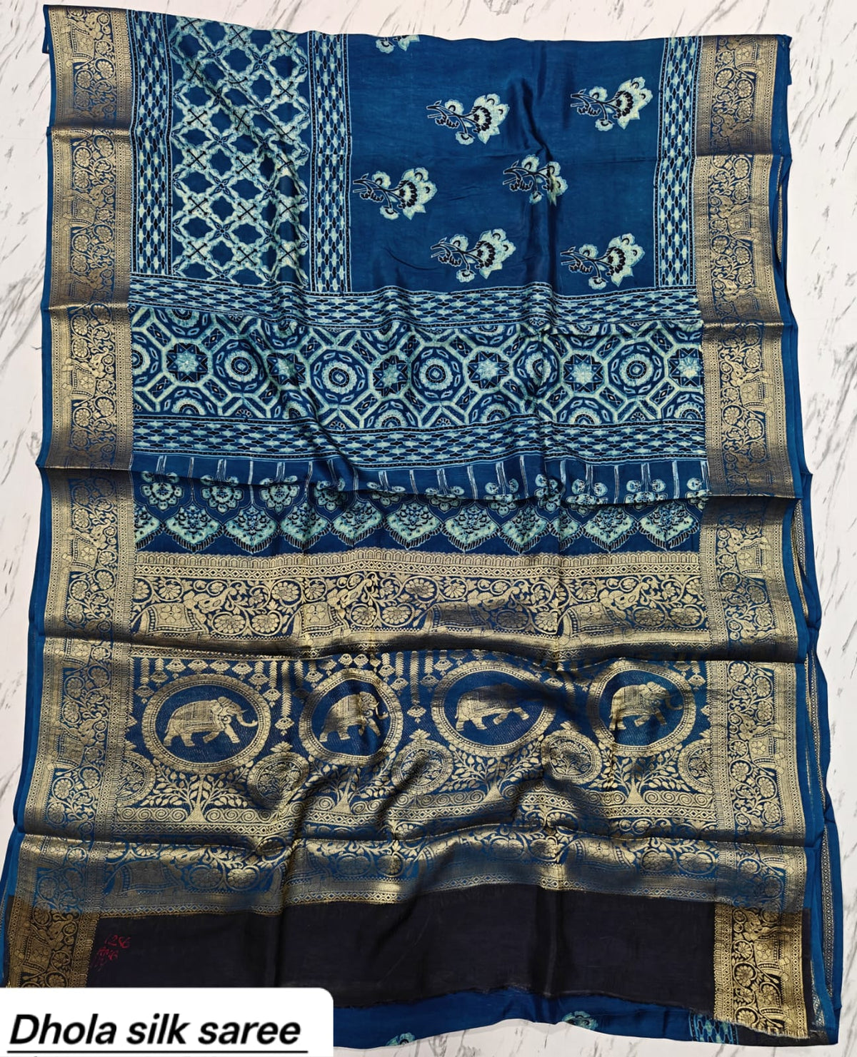 Indigo Blue Elephant Motif Pure Dola Silk Ajrakh Handblock Printed Saree