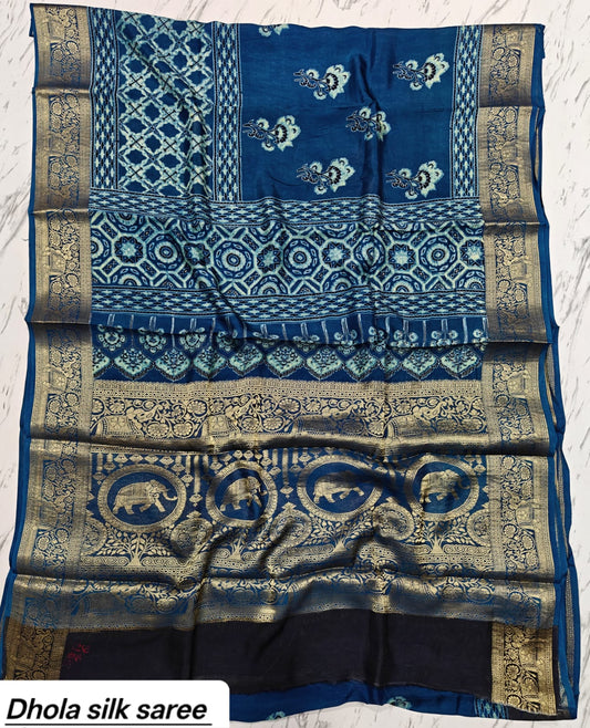 Indigo Blue Elephant Motif Pure Dola Silk Ajrakh Handblock Printed Saree
