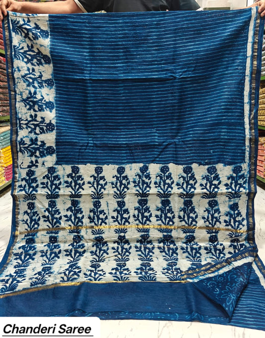 Indigo Blue Geometric Chanderi Bagru Handblock Printed Silk Cotton Saree With Blouse