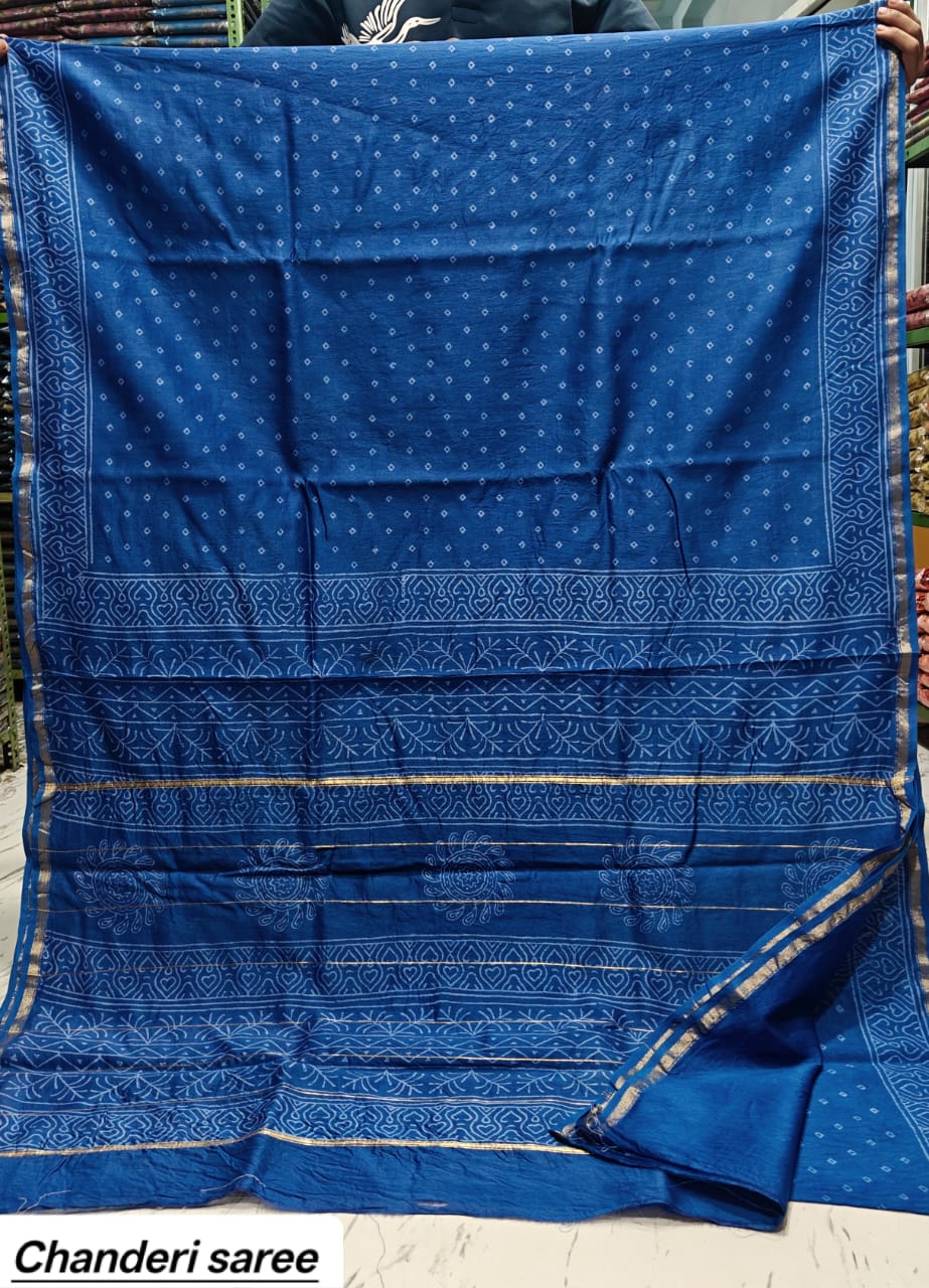 Indigo Blue Geometric Chanderi Bagru Handblock Printed Silk Saree With Blouse