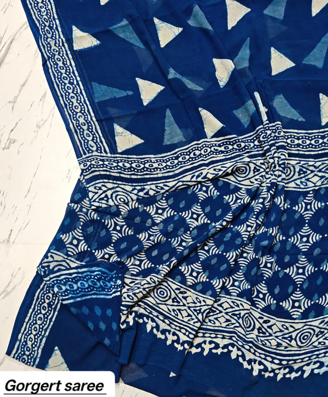 Indigo Blue Geometric Handblock Printed Georgette Saree