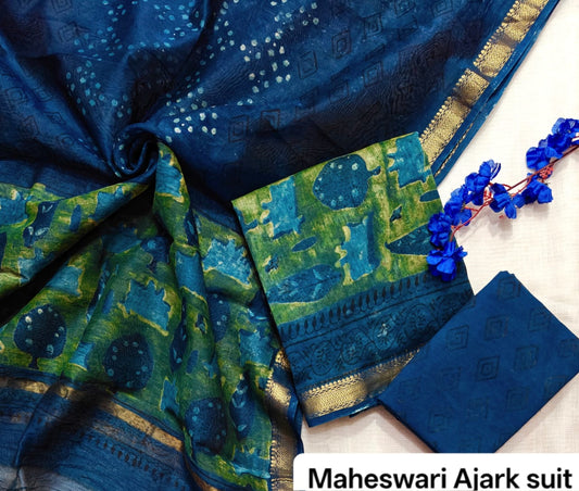 Indigo Blue & Green Geometric Pure Maheshwari Silk with Ajrakh Print Unstitched Suit Set with Dupatta
