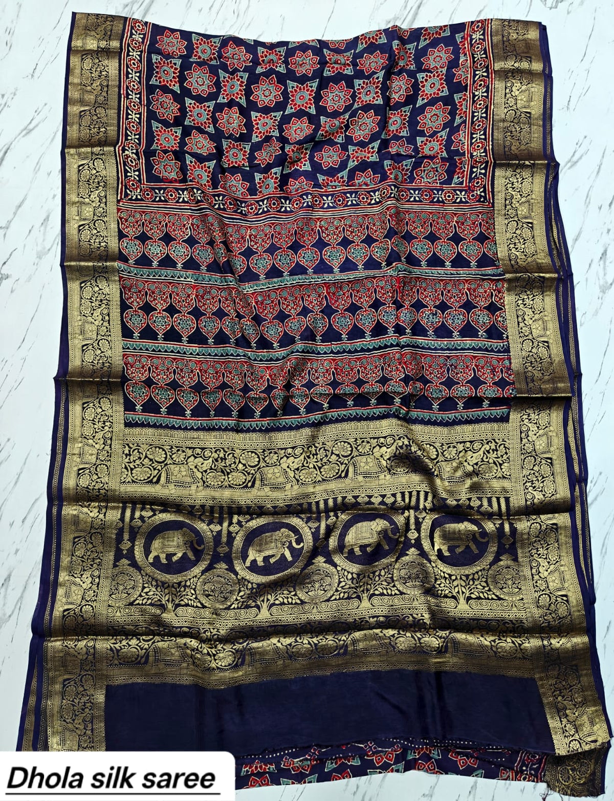 Indigo Blue & Maroon Elephant Motif Pure Dola Silk Ajrakh Handblock Printed Saree