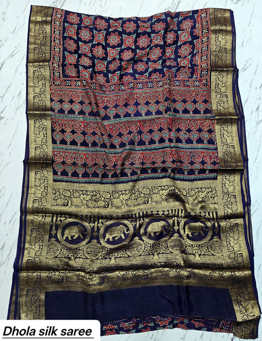 Indigo Blue & Maroon Elephant Motif Pure Dola Silk Ajrakh Handblock Printed Saree