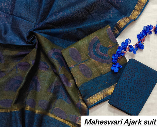 Indigo Blue & Olive Green Geometric Pure Maheshwari Silk with Ajrakh Print Unstitched Suit Set with Dupatta