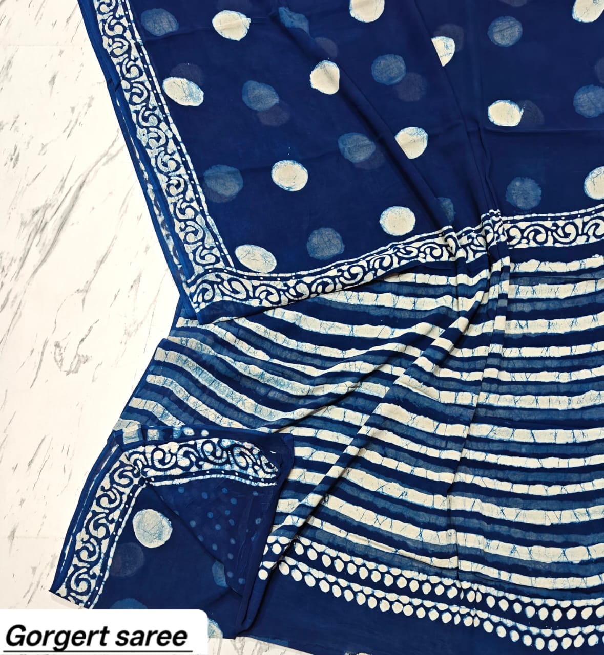 Indigo Blue Polka Dot Handblock Printed Georgette Saree