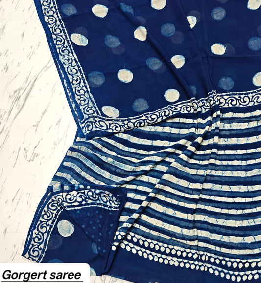 Indigo Blue Polka Dot Handblock Printed Georgette Saree