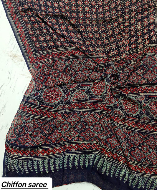 Indigo Blue Pure Hand Block Printed Double Diamond Chiffon Saree