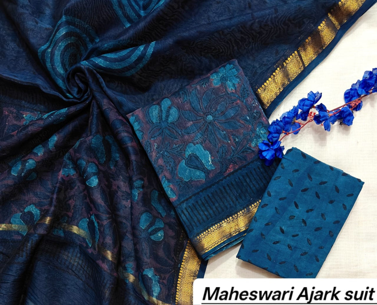 Indigo Blue & Teal Floral Pure Maheshwari Silk with Ajrakh Print Unstitched Suit Set with Dupatta