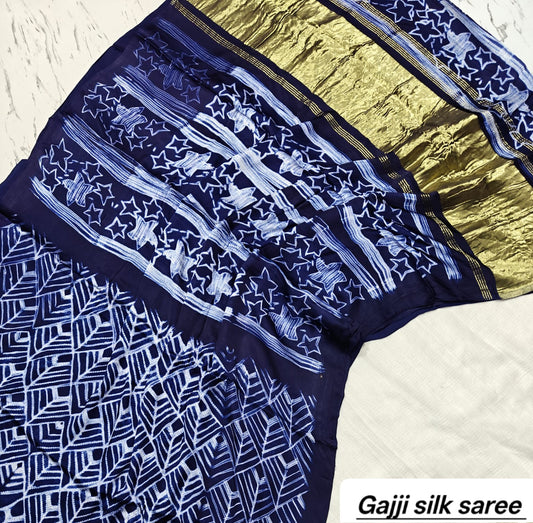 Indigo Blue & White Chevron Ajrakh Handblock Saree in Pure Gajji Silk