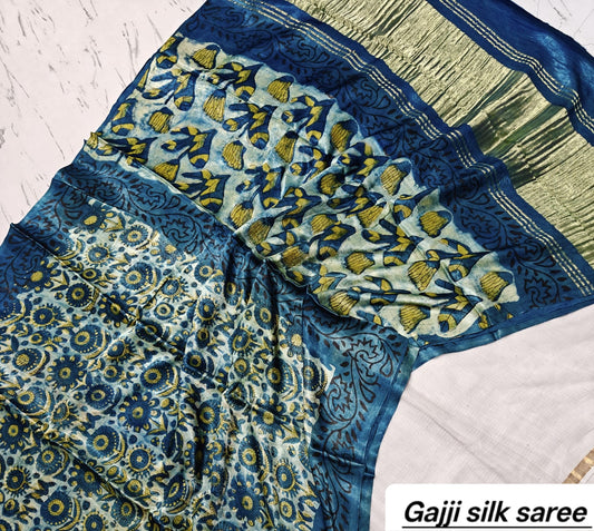 Indigo Blue & White Floral Ajrakh Handblock Saree in Pure Gajji Silk