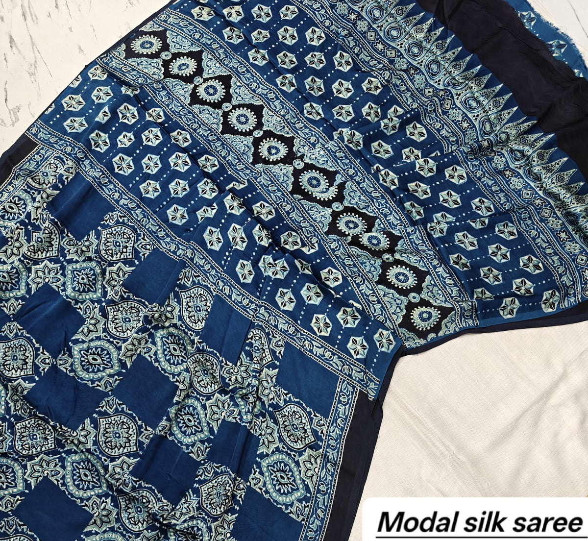 Indigo Blue & White Floral Handblock Print Pure Modal Silk Ajrakh Saree