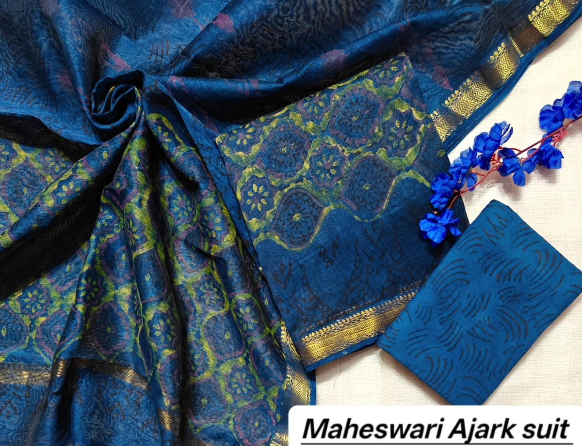 Indigo Blue & Yellow Floral Motif Pure Maheshwari Silk with Ajrakh Print Unstitched Suit Set with Dupatta