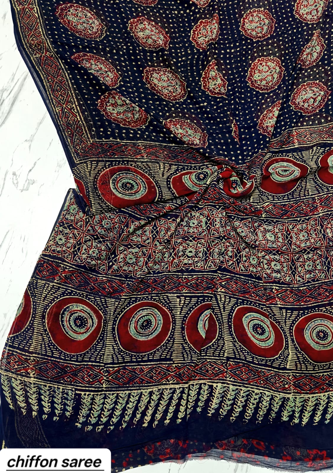 Indigo Blue and Red Abstract Pure Hand Block Printed Double Diamond Chiffon Saree
