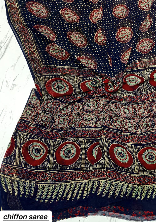 Indigo Blue and Red Abstract Pure Hand Block Printed Double Diamond Chiffon Saree
