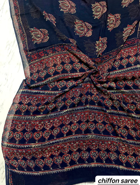 Indigo Blue and Rust Pure Hand Block Printed Double Diamond Chiffon Saree