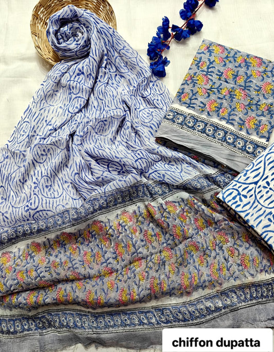 Indigo Blue and White Floral Traditional Handblock Cotton Suit Set with Chiffon Dupatta