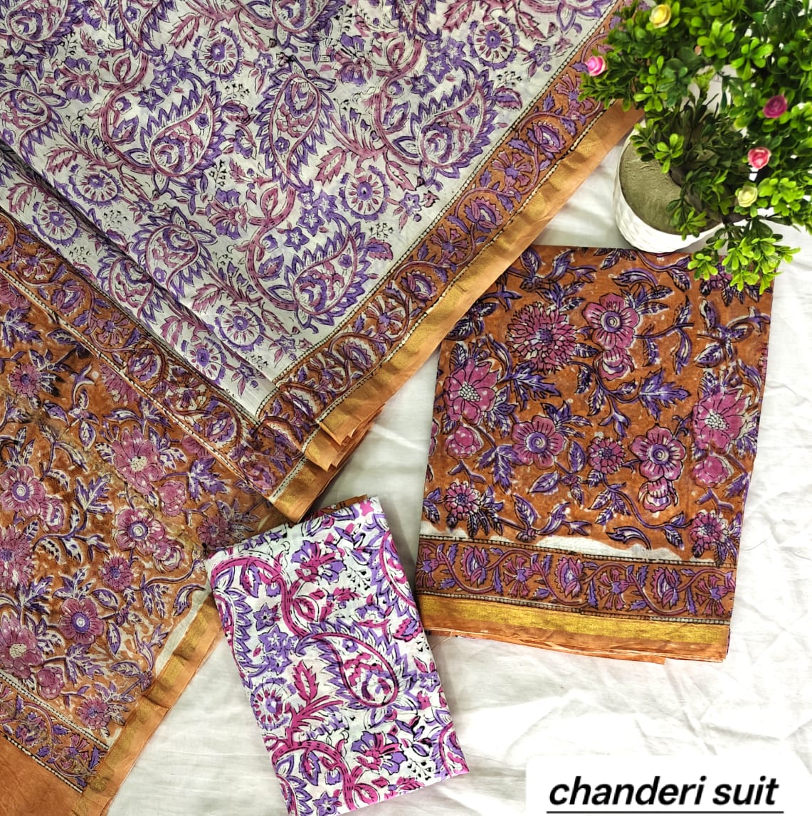 Lavender Purple Floral Jaal Handblock Printed Pure Chanderi Silk Unstitched Suit Set