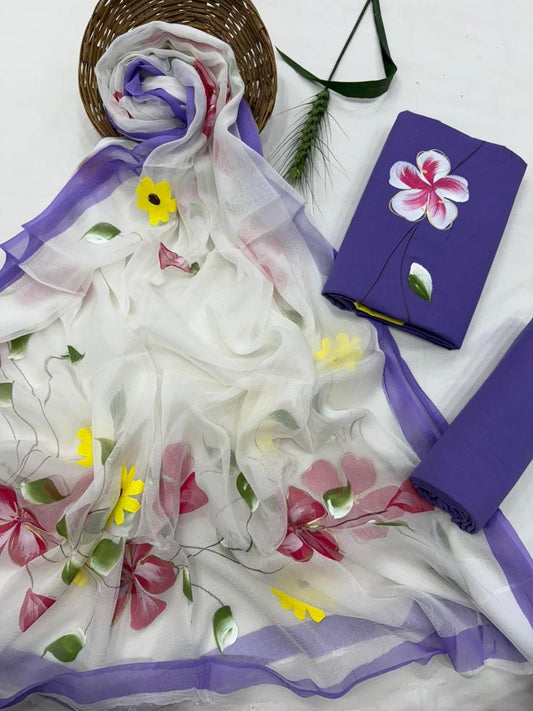 Lavender Floral Painted Traditional Handblock Cotton Suit Set with Chiffon Dupatta