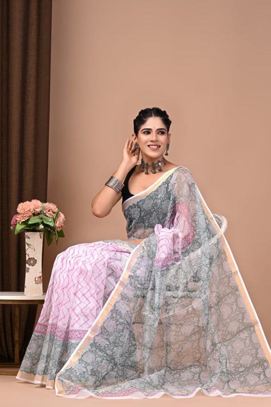 Lavender & Grey Floral Hand Block Printed Kota Doria Cotton Saree