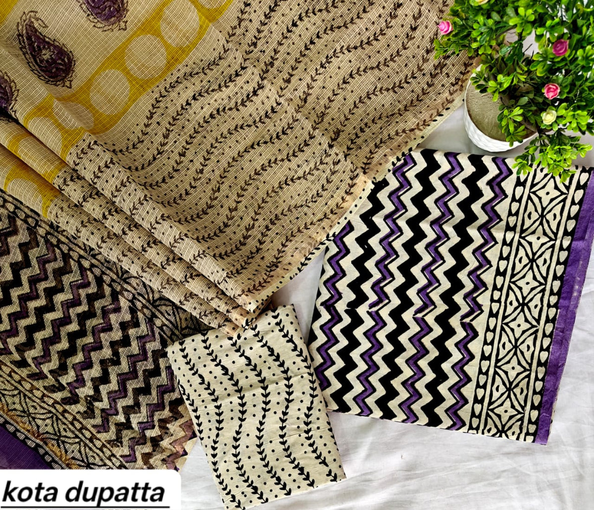 Lavender Purple and Cream Zigzag Traditional Cotton Suit Set with Kota Doria Dupatta (Handblock Printed)
