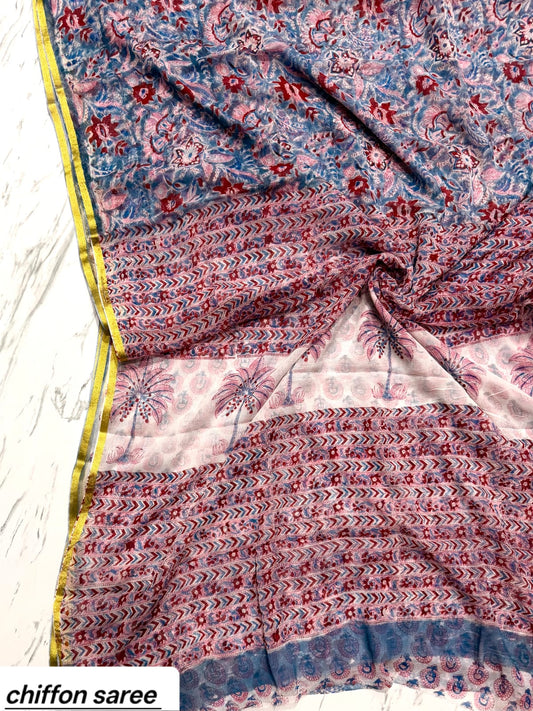 Lavender and Grey Abstract Pure Hand Block Printed Double Diamond Chiffon Saree