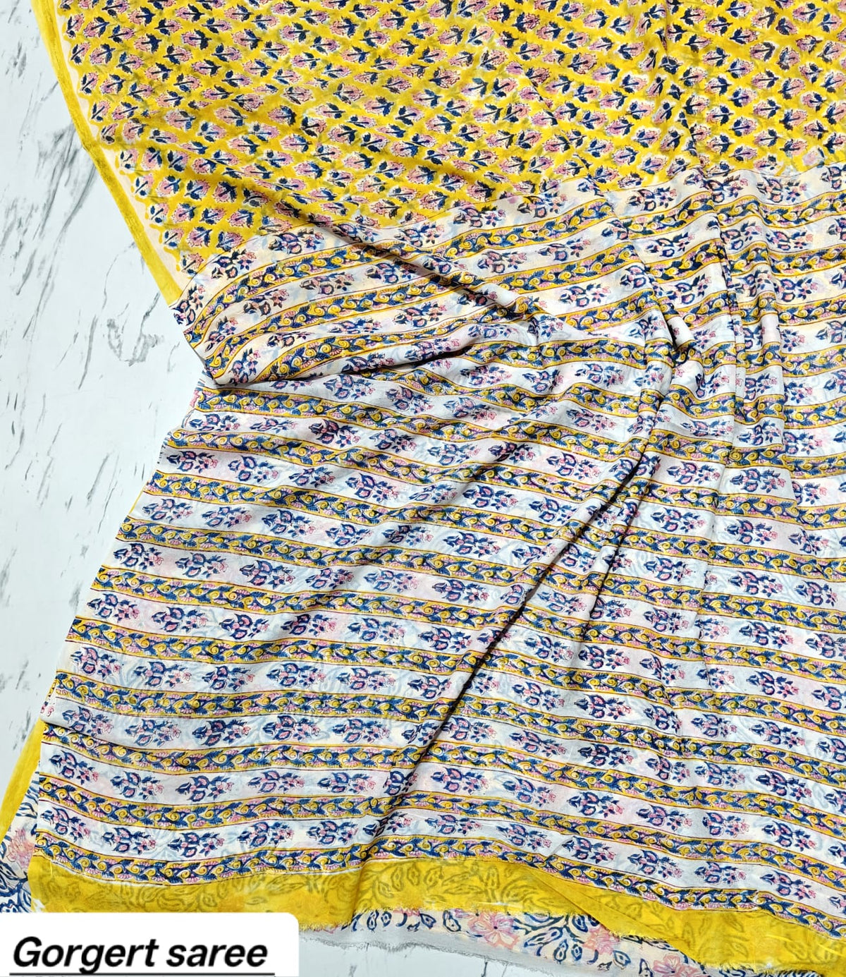 Light Blue & Brown Floral Handblock Printed Georgette Saree