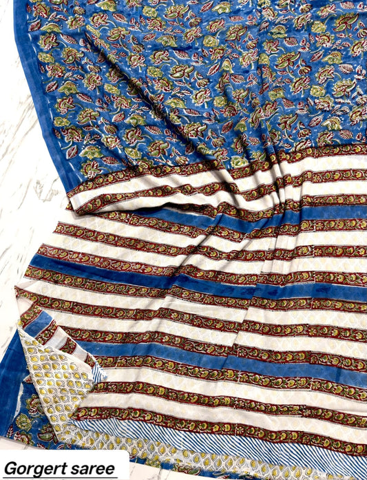 Light Blue & Brown Striped Handblock Printed Georgette Saree