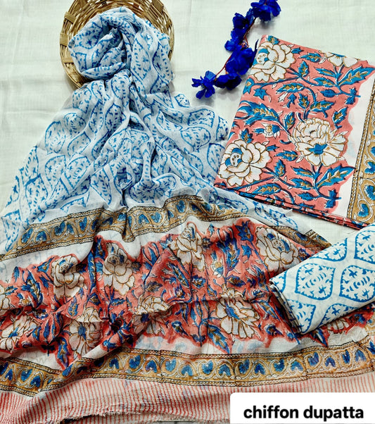 Light Blue Floral Traditional Handblock Cotton Suit Set with Chiffon Dupatta