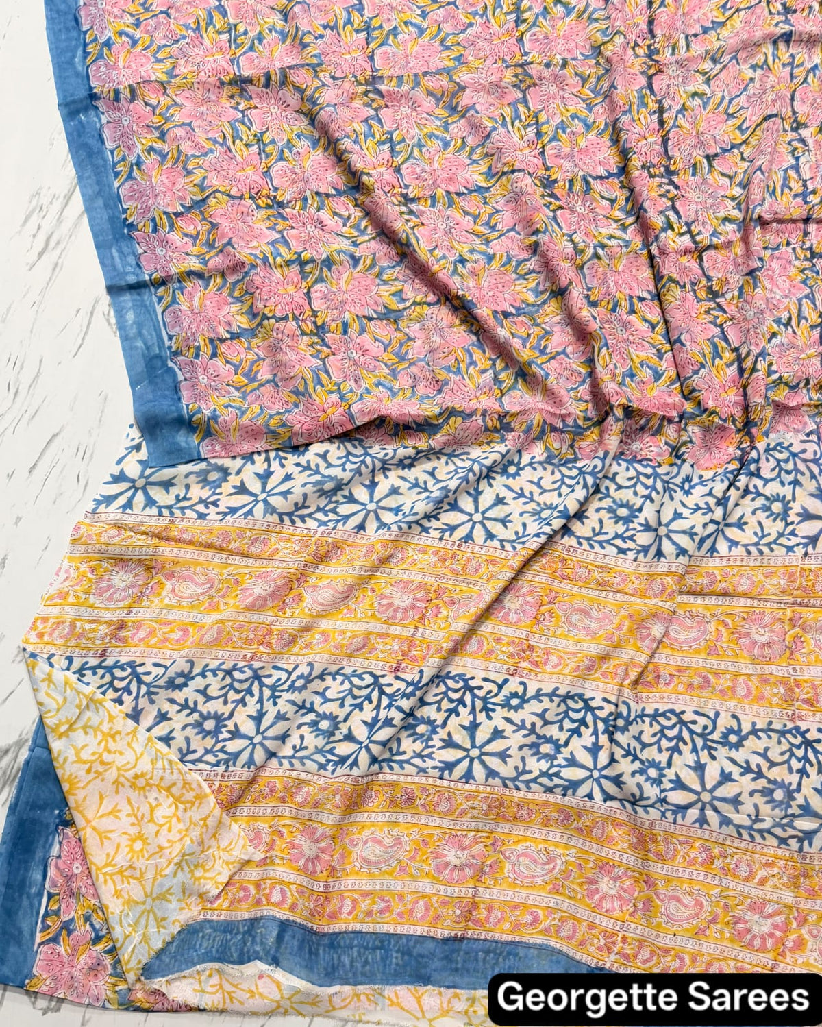 Light Blue & Orange Floral Handblock Printed Georgette Saree