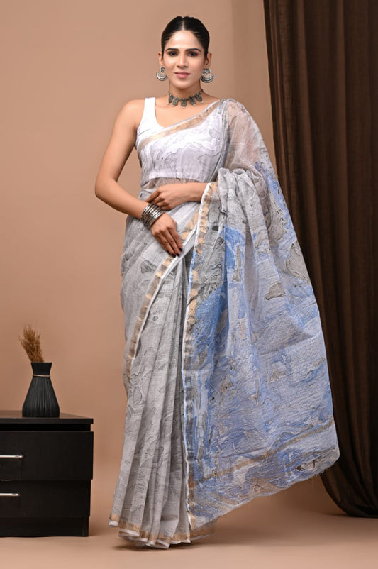 Light Blue & White Floral Booti Hand Block Printed Kota Doria Cotton Saree