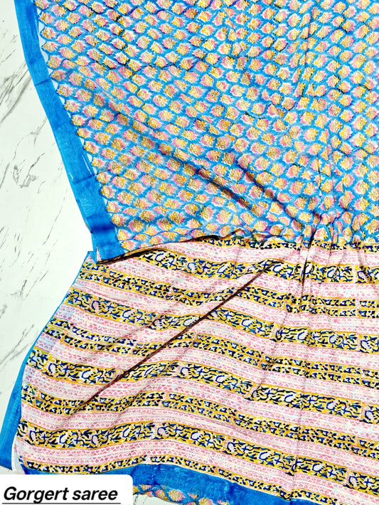 Light Blue & Yellow Floral Handblock Printed Georgette Saree